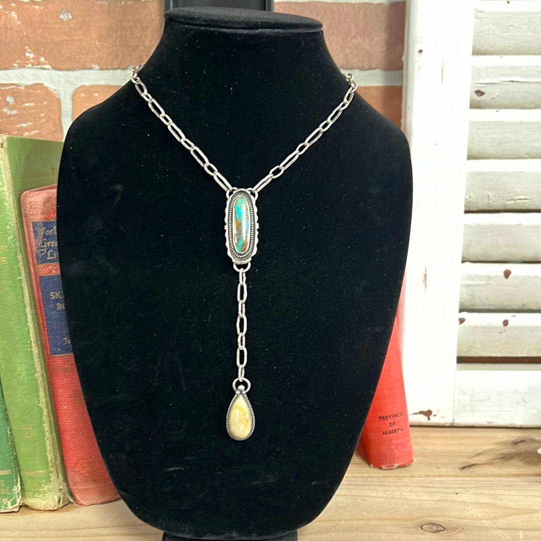 Easter Blue Turquoise + Coral Lariat Necklace