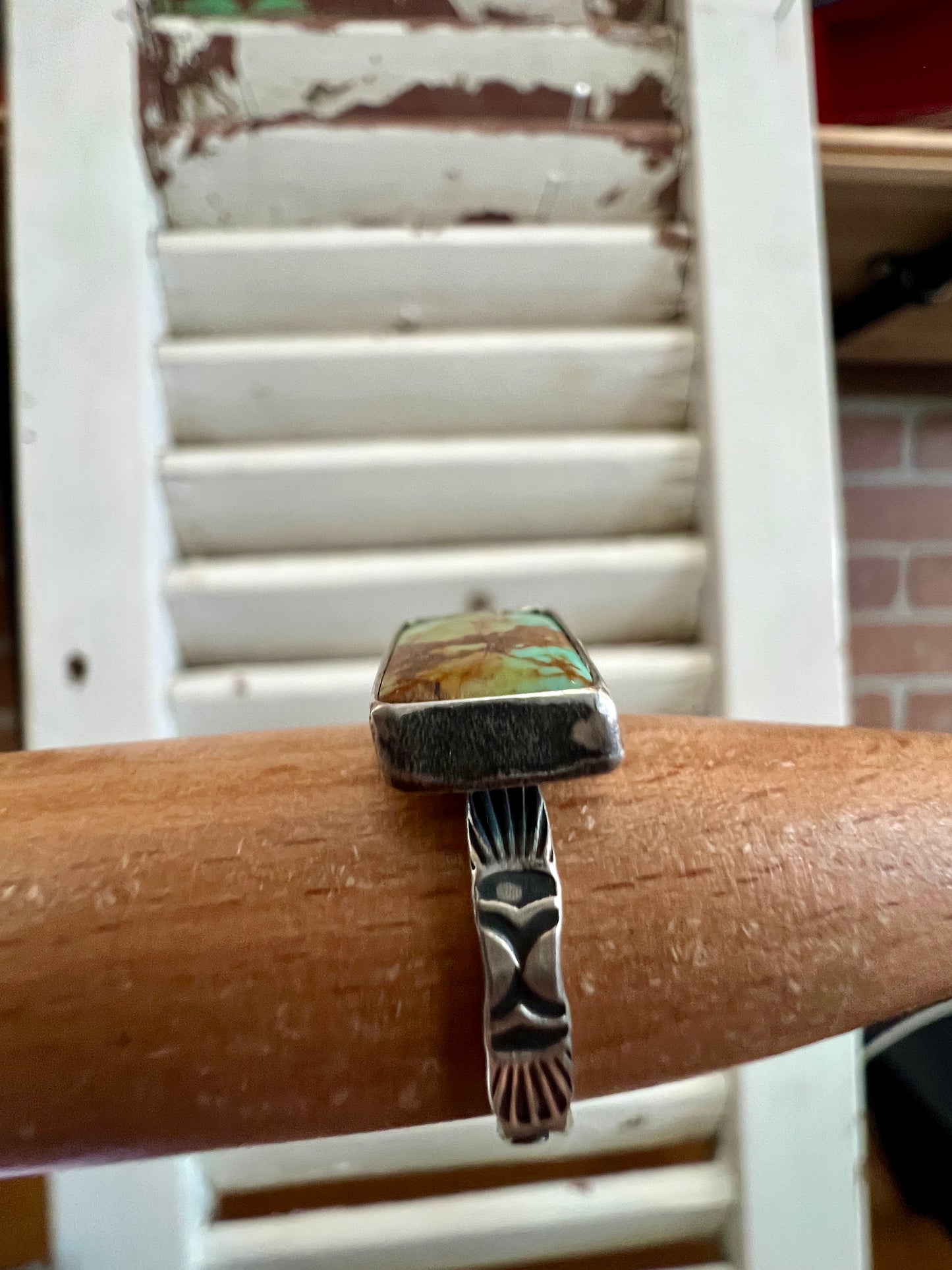 Rectangle Green/Brown Stamped Ring (8.5)