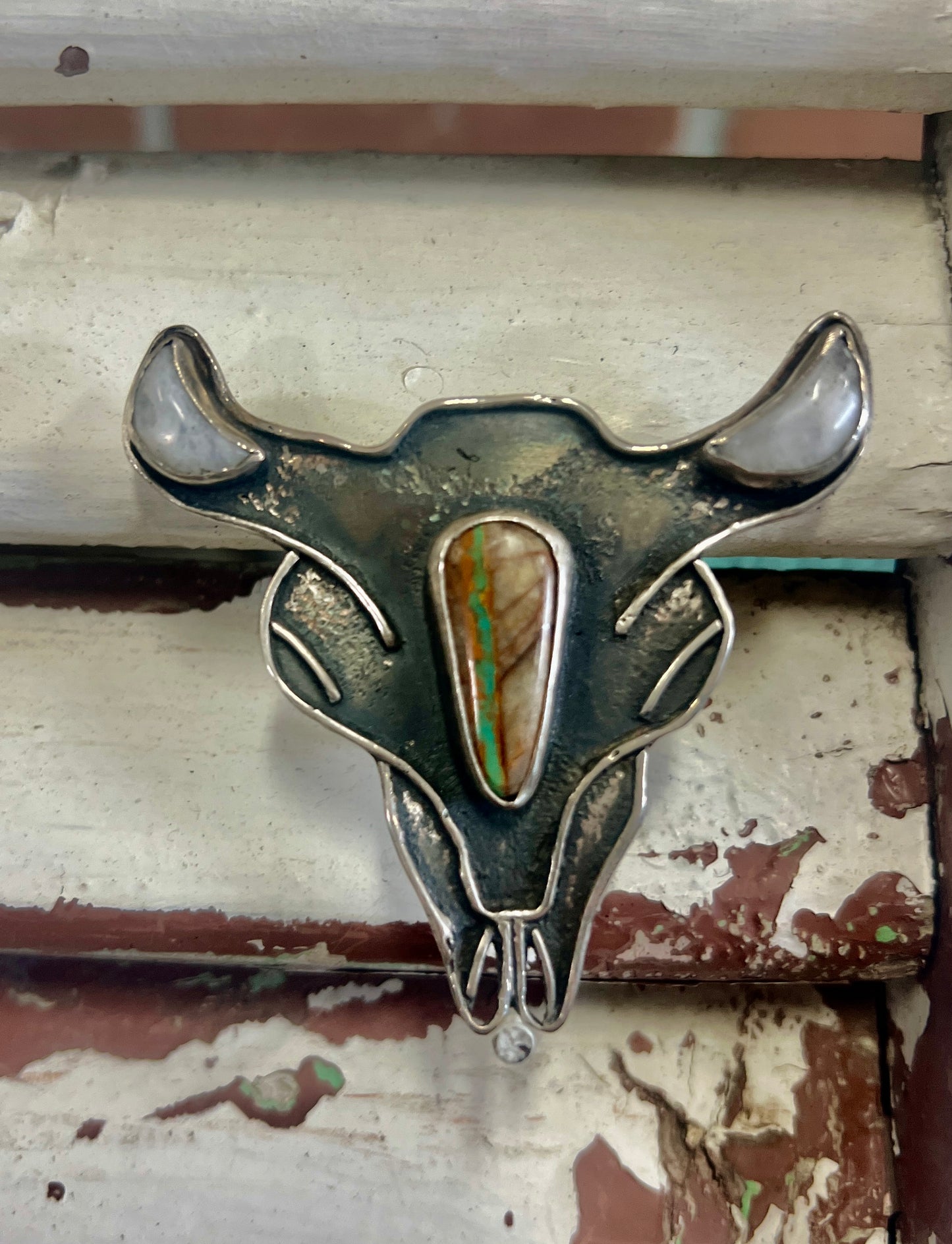 Turquoise + Moonstone Steer Head Bolo Tie