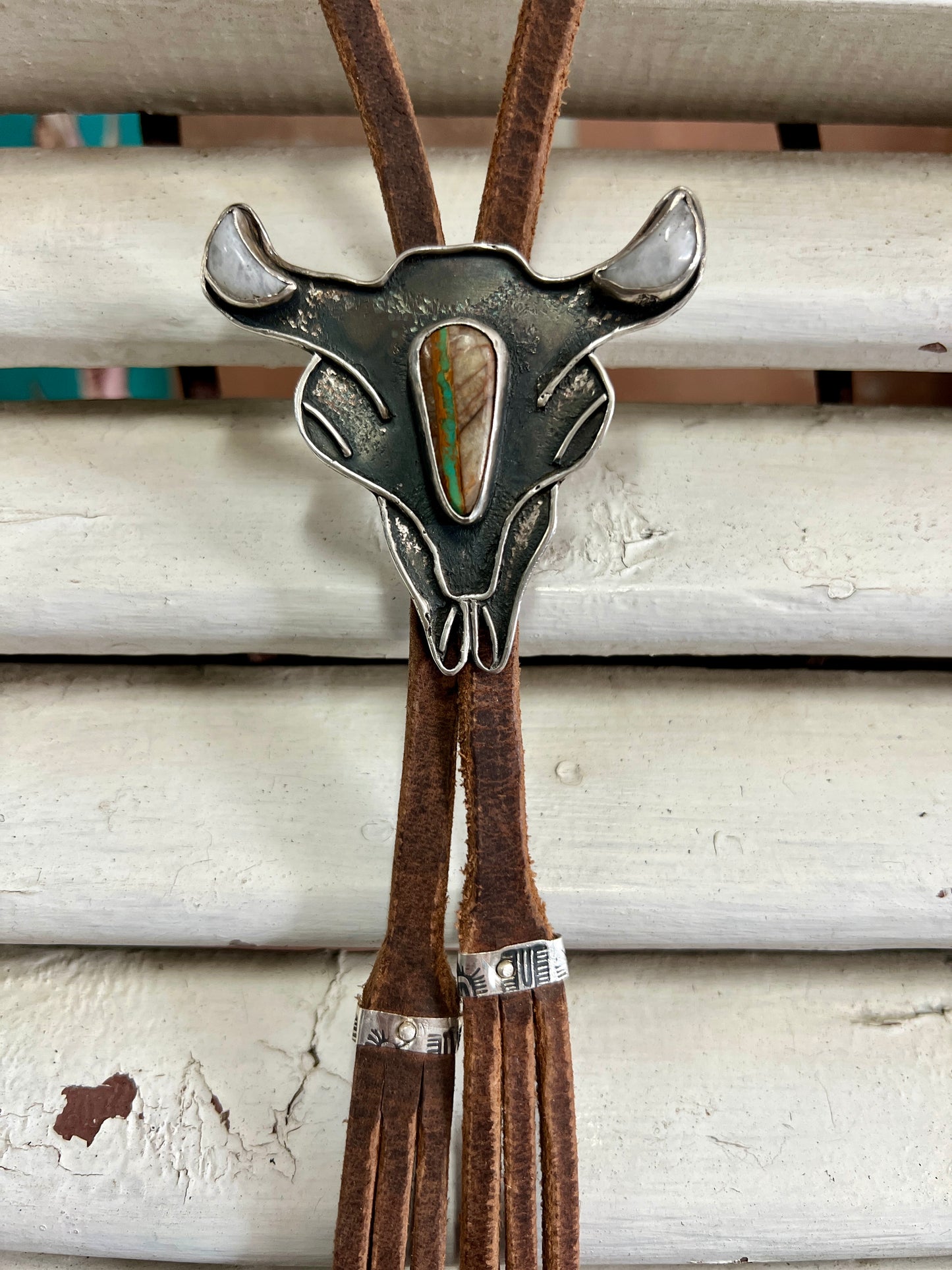 Turquoise + Moonstone Steer Head Bolo Tie