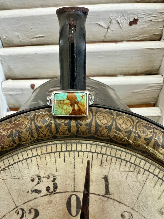 Rectangle Green/Brown Stamped Ring (8.5)