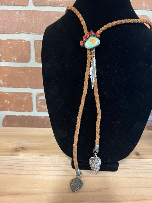 Turquoise, Coral and Silver Bear paw bolo tie