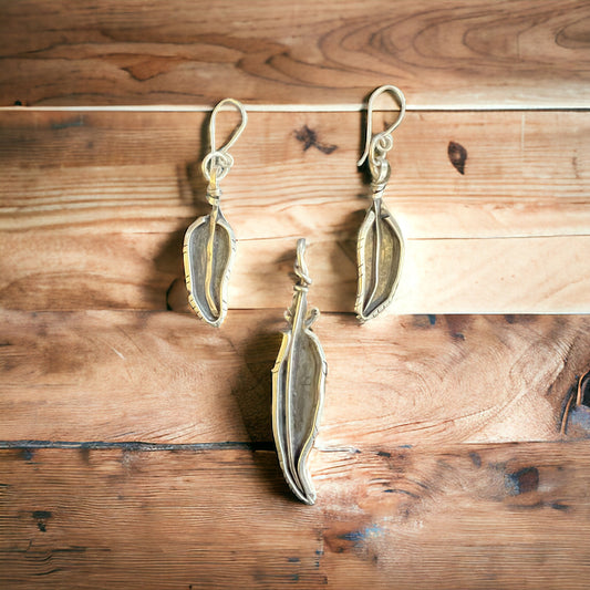 Silver Feather Pendant & Earring Set