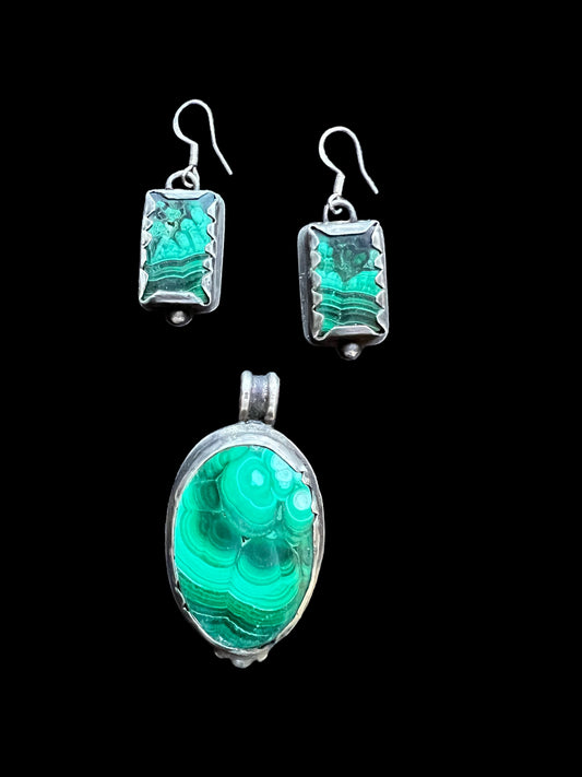 Malachite and Silver Pendant & Earring set